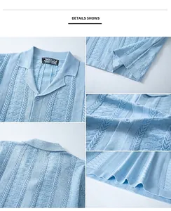 Detailed macro view of light blue wheat ear jacquard knit texture on polo shirt
