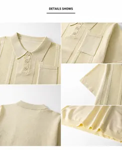 Macro detail view of light yellow men's short sleeve knit polo shirt featuring ribbed texture