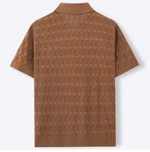 Back view of men's brown short-sleeved knitted Polo shirt with leaf jacquard texture