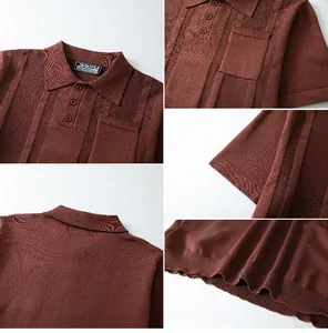 Detailed macro shots of a brown ribbed knit polo shirt with chest pocket and buttons