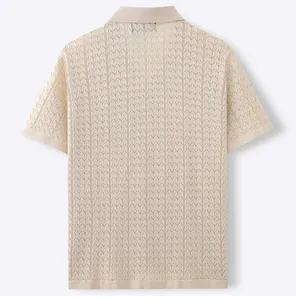 Back view of a men's beige pointelle knit short sleeve Polo shirt with textured pattern