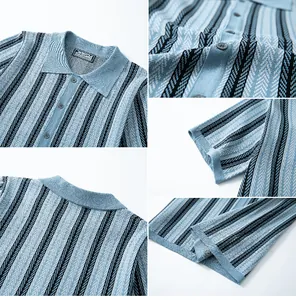 Detailed macro views showing texture and striped pattern of men's knitted polo shirt