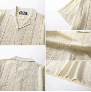 Detailed view of the wheat ear jacquard knit texture on a beige Cuban collar polo shirt.