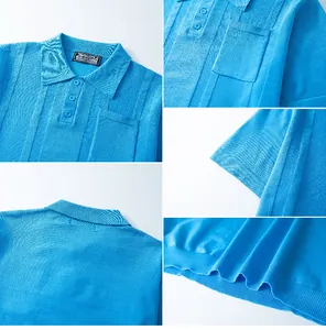 Detailed macro view of the blue ribbed knit texture and stitching on men's polo shirt.