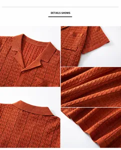 Macro detail of terracotta jacquard knit texture on men's Cuban collar polo shirt