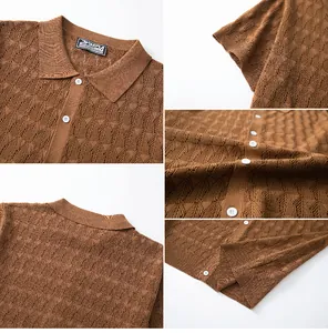 Macro view of brown men's short sleeve knitted polo shirt with textured jacquard pattern