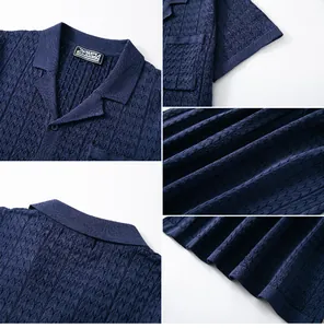 Close-up of navy blue jacquard knit Polo shirt showing Cuban collar and texture