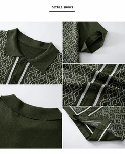 Gros plan sur les détails d'un polo pour homme en maille vert olive à motifs blanc
