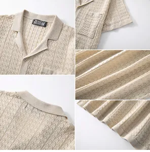 Detailed macro view of a beige knitted polo shirt with Cuban collar and jacquard texture