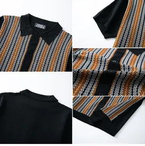 Vista detallada del cárdigan polo de punto para hombre con patrón de rayas naranja