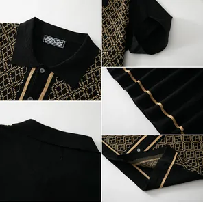 Détails du motif jacquard géométrique et du col sur ce polo en maille pour hommes