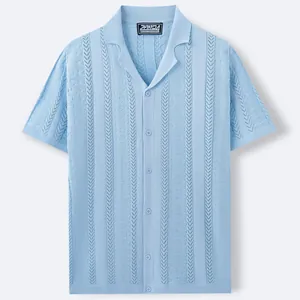 Light blue knitted polo shirt with Cuban collar and wheat spike jacquard pattern