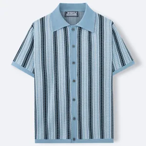 Men's light blue knit Polo shirt with vertical contrast stripes and lapel collar style.