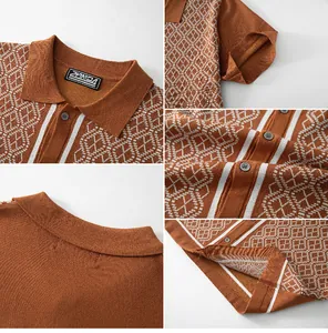 Vues macro détaillées montrant le col, les boutons et la maille d'un polo jacquard homme