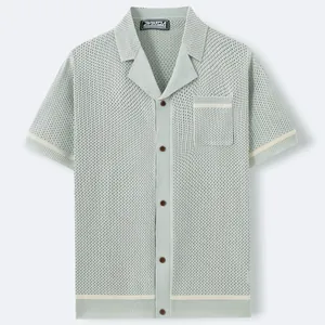 Men's casual Cuban collar knit shirt with hollow breathable short sleeve cardigan design