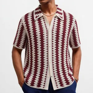 Men's vintage burgundy and white striped crochet style knit short sleeve hollowed polo shirt