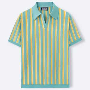Stylish summer men's slim fit knitted polo shirt with teal and yellow vertical stripes.