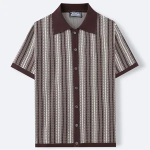 Men's knit polo shirt with vertical brown and white striped pattern and lapel collar