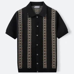 Schwarzes Kurzarm-Strick-Poloshirt für Herren mit vertikalen geometrischen Jacquard-Streifen