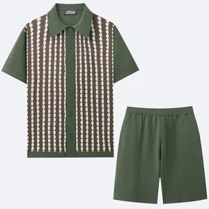 Men's green knit set with striped jacquard short-sleeved cardigan and matching shorts