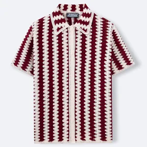 French retro striped knit polo shirt with hollow crochet texture for men in burgundy and white