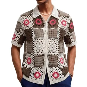 Polo de punto de ganchillo vintage para hombre con diseño de patchwork floral geométrico