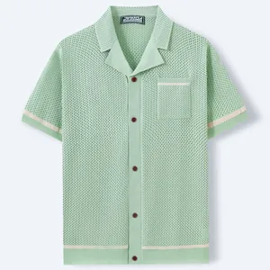 Mint green men's knitted Cuban collar polo shirt with breathable hollow texture