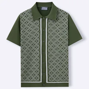 Cardigan polo en maille jacquard à manches courtes pour homme avec motifs géométriques