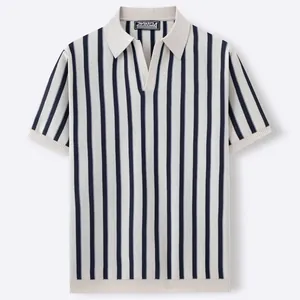 Men's slim fit short sleeve vertical striped knit polo shirt in white and navy blue