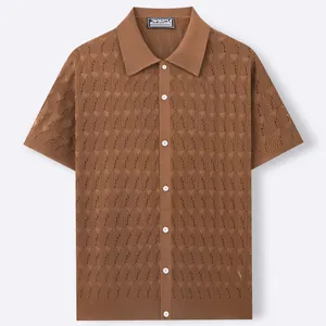 Men's brown short-sleeved knit polo shirt featuring vertical jacquard texture for summer