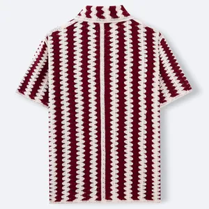 Retro French striped crochet knit polo shirt for men featuring a breathable hollow-out design
