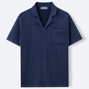 Premium men's navy blue Cuban collar knit polo shirt with textured jacquard pattern