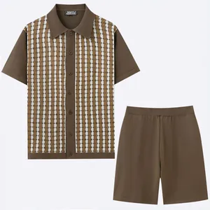 Men's casual two-piece set featuring striped jacquard cardigan and matching shorts