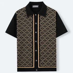 Cardigan polo en maille jacquard à manches courtes pour homme avec motif géométrique noir