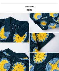 Détails d'un polo en crochet vintage avec motifs de soleil et de lune.