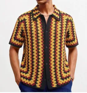 Close-up of retro crochet knit polo shirt with wavy pattern and hollow-out texture.
