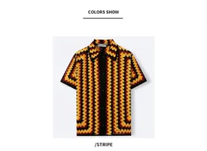 Detailed close-up showing the retro wave pattern on a men's crochet knit polo shirt