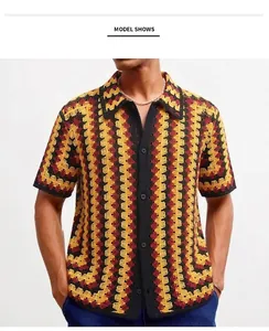 Detail view of men's retro wave pattern crochet knit hollow out vacation style polo shirt