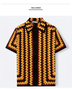 Detailed front view of men's retro wave pattern crochet knit short sleeve polo shirt