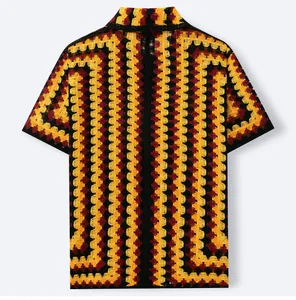 Back view of retro men's crochet knit polo shirt with yellow and red wavy pattern