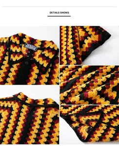 Detailed macro view showing the vintage wavy hollow-out crochet knit pattern of this polo