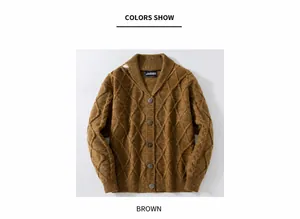 Brown American retro cable-knit wool cardigan for men with a shawl collar detail.