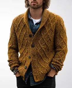 Close-up of men's cable-knit cardigan with shawl collar in mustard heather