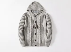 Detailed view of gray retro cable-knit hooded cardigan with button front