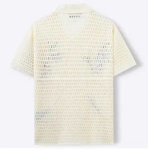 Back view detail of men's cream-colored crochet knit polo shirt with intricate hollow design
