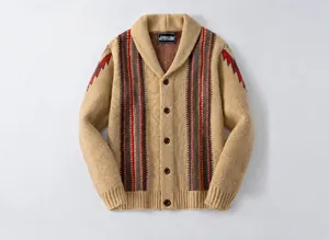 Detail of khaki men's retro jacquard knit cardigan with vintage stripes and shawl collar