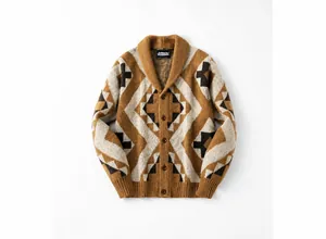 Macro view of brown geometric jacquard knit cardigan with classic shawl collar