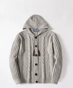 Detailed texture view of men's vintage grey cable-knit hooded cardigan sweater jacket