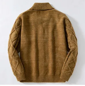 Vintage thick brown cable knit wool cardigan for men shown from the back view with high collar