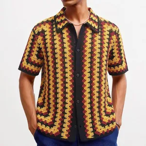 Men's retro wave pattern crochet knit short sleeve Polo shirt for summer vacation